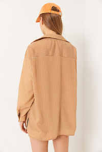 Tek Cepli Yanları Yırtmaçlı Çizgili Poplin Gömlek 2557 60283069 - Taba