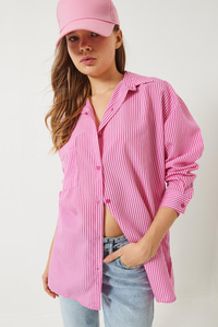 Tek Cepli Yanları Yırtmaçlı Çizgili Poplin Gömlek 2557 60283069 - Pembe