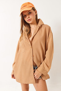 Tek Cepli Yanları Yırtmaçlı Çizgili Poplin Gömlek 2557 60283069 - Taba
