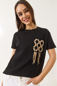 Tığ İşlemeli Cep Detaylı T-Shirt 60602027 - Siyah