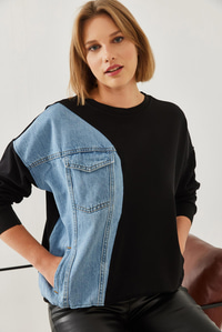 Üç İplik Denim Garnili Sweatshirt 60351217 - Siyah