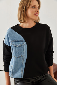 Üç İplik Denim Garnili Sweatshirt 60351217 - Siyah