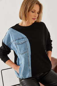Üç İplik Denim Garnili Sweatshirt 60351217 - Siyah