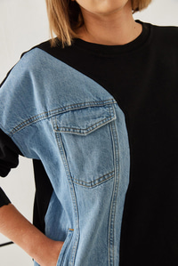 Üç İplik Denim Garnili Sweatshirt 60351217 - Siyah