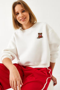 Üç İplik Şardonlu Ayıcık İşlemeli Sweatshirt 60261160 - Beyaz