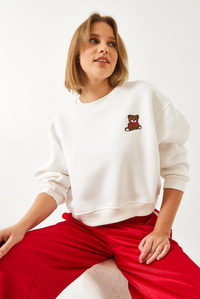 Üç İplik Şardonlu Ayıcık İşlemeli Sweatshirt 60261160 - Beyaz