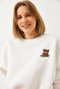 Üç İplik Şardonlu Ayıcık İşlemeli Sweatshirt 60261160 - Beyaz