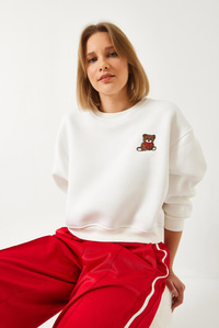 Üç İplik Şardonlu Ayıcık İşlemeli Sweatshirt 60261160 - Beyaz