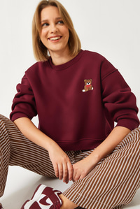Üç İplik Şardonlu Ayıcık İşlemeli Sweatshirt 60261160 - Bordo