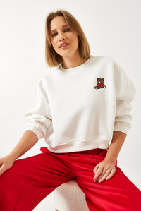 Üç İplik Şardonlu Ayıcık İşlemeli Sweatshirt 60261160 - Beyaz