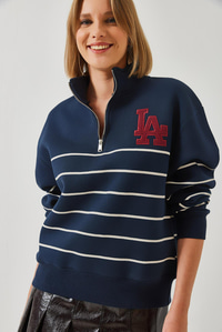 Üç İplik Şardonlu Fermuarlı Nakışlı Çizgili Sweatshirt 6481 60261027 - Lacivert SWEATSHİRT modelleri