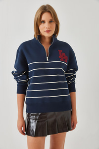 Üç İplik Şardonlu Fermuarlı Nakışlı Çizgili Sweatshirt 6481 60261027 - Lacivert SWEATSHİRT modelleri
