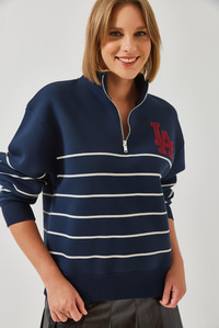 Üç İplik Şardonlu Fermuarlı Nakışlı Çizgili Sweatshirt 6481 60261027 - Lacivert SWEATSHİRT modelleri
