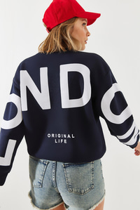 Üç İplik Şardonlu London Baskılı Sweatshirt MBHS003 60601003 - Lacivert