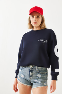 Üç İplik Şardonlu London Baskılı Sweatshirt MBHS003 60601003 - Lacivert