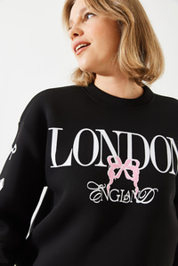 Üç İplik Şardonlu London Life Grafik Baskılı Sweatshirt MBHS004 60601004 - Siyah