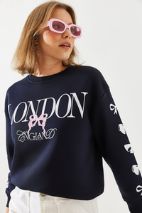 Üç İplik Şardonlu London Life Grafik Baskılı Sweatshirt MBHS004 60601004 - Lacivert
