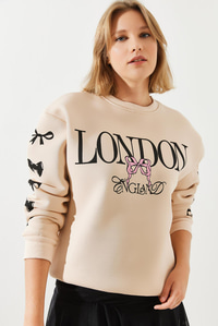 Üç İplik Şardonlu London Life Grafik Baskılı Sweatshirt MBHS004 60601004 - Bej