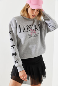 Üç İplik Şardonlu London Life Grafik Baskılı Sweatshirt MBHS004 60601004 - Gri Melanj
