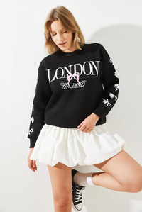 Üç İplik Şardonlu London Life Grafik Baskılı Sweatshirt MBHS004 60601004 - Siyah