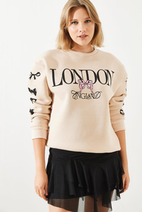 Üç İplik Şardonlu London Life Grafik Baskılı Sweatshirt MBHS004 60601004 - Bej