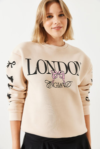 Üç İplik Şardonlu London Life Grafik Baskılı Sweatshirt MBHS004 60601004 - Bej