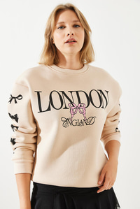 Üç İplik Şardonlu London Life Grafik Baskılı Sweatshirt MBHS004 60601004 - Bej