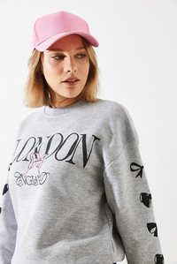 Üç İplik Şardonlu London Life Grafik Baskılı Sweatshirt MBHS004 60601004 - Gri Melanj