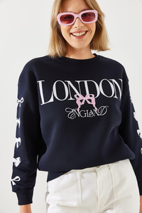Üç İplik Şardonlu London Life Grafik Baskılı Sweatshirt MBHS004 60601004 - Lacivert