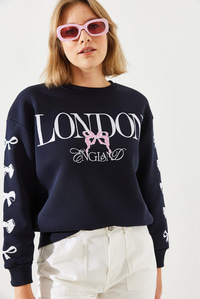 Üç İplik Şardonlu London Life Grafik Baskılı Sweatshirt MBHS004 60601004 - Lacivert