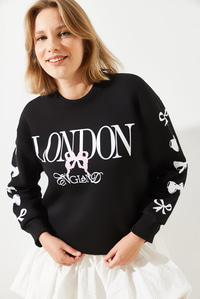 Üç İplik Şardonlu London Life Grafik Baskılı Sweatshirt MBHS004 60601004 - Siyah
