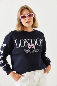 Üç İplik Şardonlu London Life Grafik Baskılı Sweatshirt MBHS004 60601004 - Lacivert