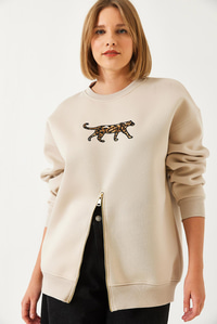 Üç İplik Şardonlu Önü Fermuarlı Leopar Baskılı Sweatshirt 60351258 - Bej