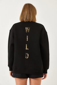 Üç İplik Şardonlu Önü Fermuarlı Leopar Baskılı Sweatshirt 60351258 - Siyah
