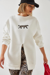 Üç İplik Şardonlu Önü Fermuarlı Leopar Baskılı Sweatshirt 60351258 - Beyaz