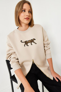 Üç İplik Şardonlu Önü Fermuarlı Leopar Baskılı Sweatshirt 60351258 - Bej