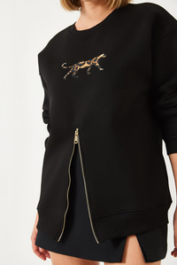Üç İplik Şardonlu Önü Fermuarlı Leopar Baskılı Sweatshirt 60351258 - Siyah
