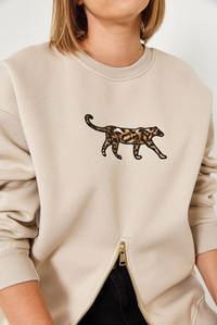 Üç İplik Şardonlu Önü Fermuarlı Leopar Baskılı Sweatshirt 60351258 - Bej