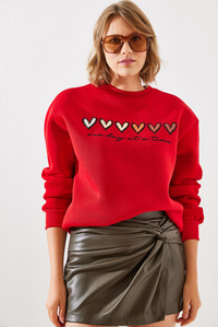 Üç İplik Şardonlu Renkli Kalp Baskılı Sweatshirt MBHS007 60601007 - Kırmızı