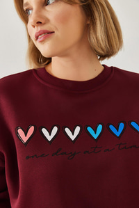 Üç İplik Şardonlu Renkli Kalp Baskılı Sweatshirt MBHS007 60601007 - Bordo