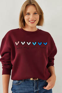 Üç İplik Şardonlu Renkli Kalp Baskılı Sweatshirt MBHS007 60601007 - Bordo