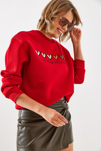 Üç İplik Şardonlu Renkli Kalp Baskılı Sweatshirt MBHS007 60601007 - Kırmızı