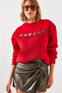 Üç İplik Şardonlu Renkli Kalp Baskılı Sweatshirt MBHS007 60601007 - Kırmızı