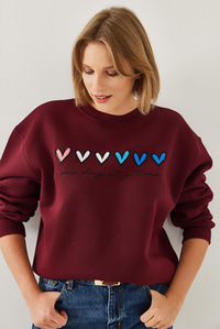 Üç İplik Şardonlu Renkli Kalp Baskılı Sweatshirt MBHS007 60601007 - Bordo