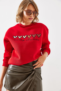 Üç İplik Şardonlu Renkli Kalp Baskılı Sweatshirt MBHS007 60601007 - Kırmızı