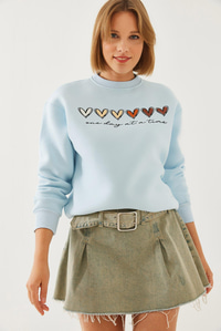Üç İplik Şardonlu Renkli Kalp Baskılı Sweatshirt MBHS007 60601007 - Bebe Mavisi