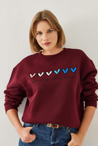 Üç İplik Şardonlu Renkli Kalp Baskılı Sweatshirt MBHS007 60601007 - Bordo