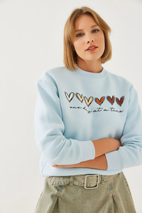 Üç İplik Şardonlu Renkli Kalp Baskılı Sweatshirt MBHS007 60601007 - Bebe Mavisi