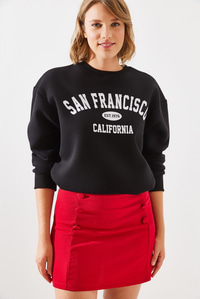 Üç İplik Şardonlu San Francisco Baskılı Sweatshirt MBHS006 60601006 - Siyah