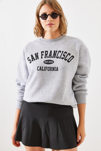 Üç İplik Şardonlu San Francisco Baskılı Sweatshirt MBHS006 60601006 - Gri Melanj